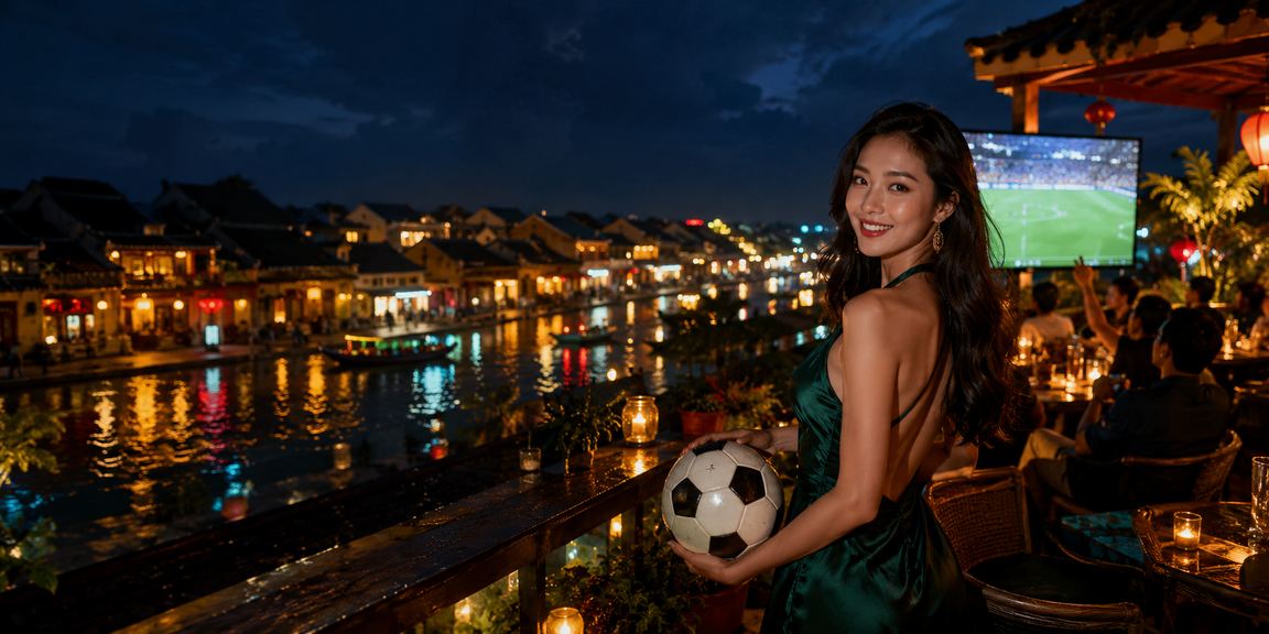Người chơi theo dõi cá cược bóng đá tại quán cà phê Hội An buổi tối