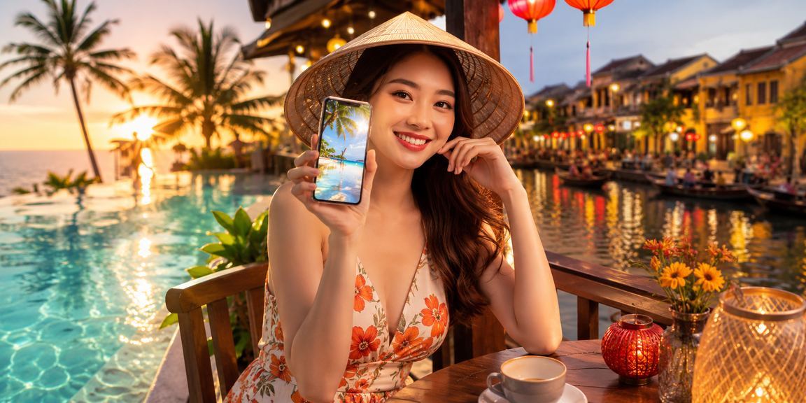 Người dùng sử dụng casino trên điện thoại tại quán cà phê Hội An